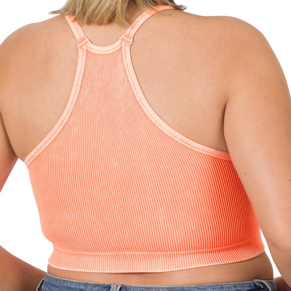 Women's Zenana Neon Coral Plus Size Washed Ribbed Seamless Cropped Cami Top